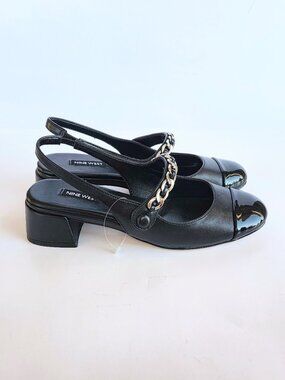 NEW Nine West Cast Chain Strap Block Heel Slingback Pumps - Black Size 6